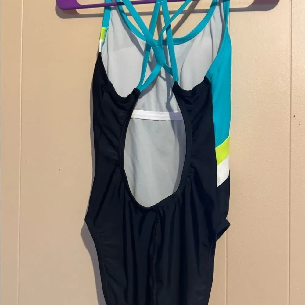 SPEEDO Women's Size 6 Active Diagonal Colorblock One Piece Swimsuit black green‎